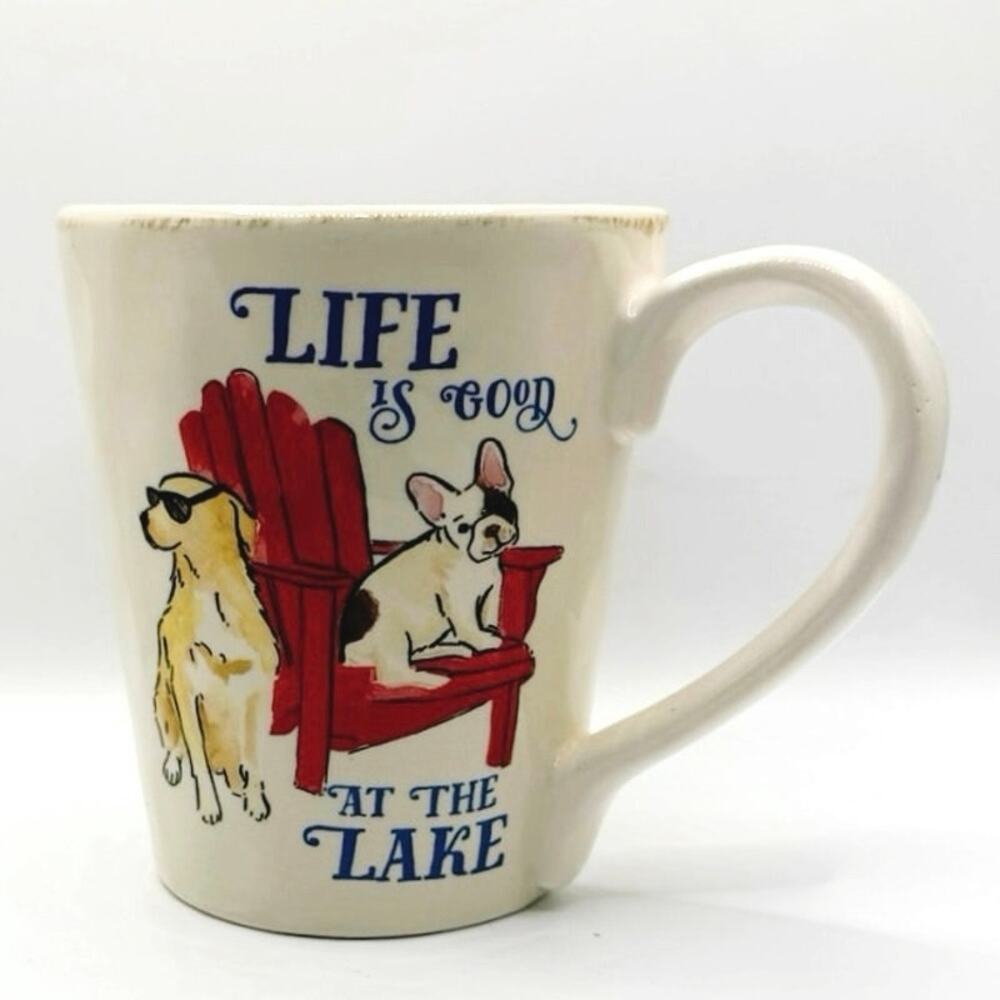 Pier 1 “Life Is Good at the Lake” Mug, 4” • Dogs + Adirondack Chair • Ironstone